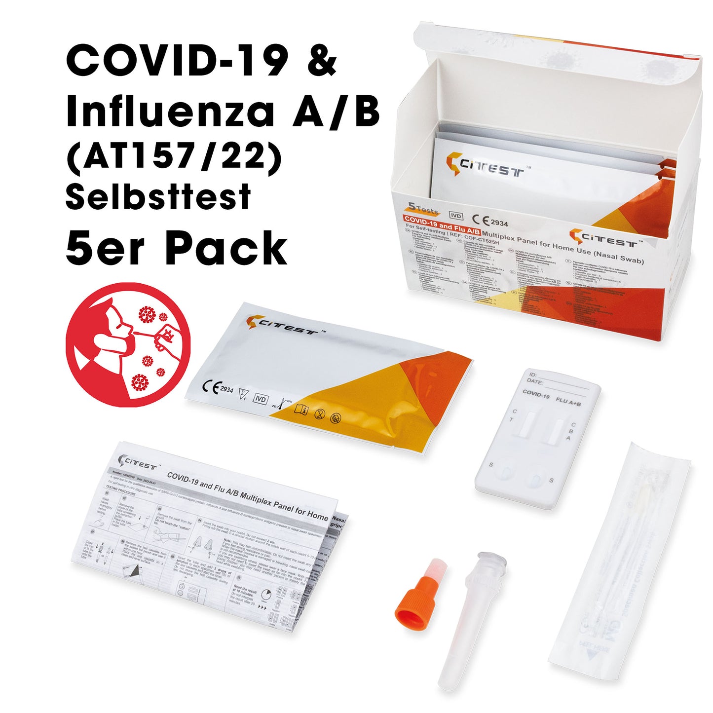 CITEST COVID-19 und Influenza A/B Multiplex-Panel (AT157/22) für den Heimgebrauch (Nasenabstrich) im 5er Pack. Frei Haus ab 50 €. MHD: 08/2027
