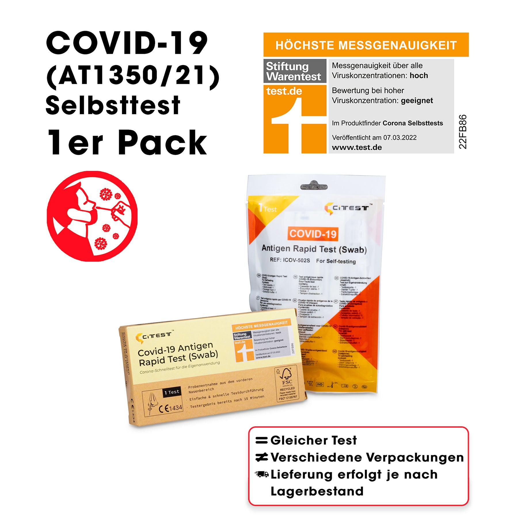 CITEST Corona Schnelltest für Zuhause, 5er Pack, Covid-19 Antigen Rapid  Test Swab Selbsttest : : Drogerie & Körperpflege