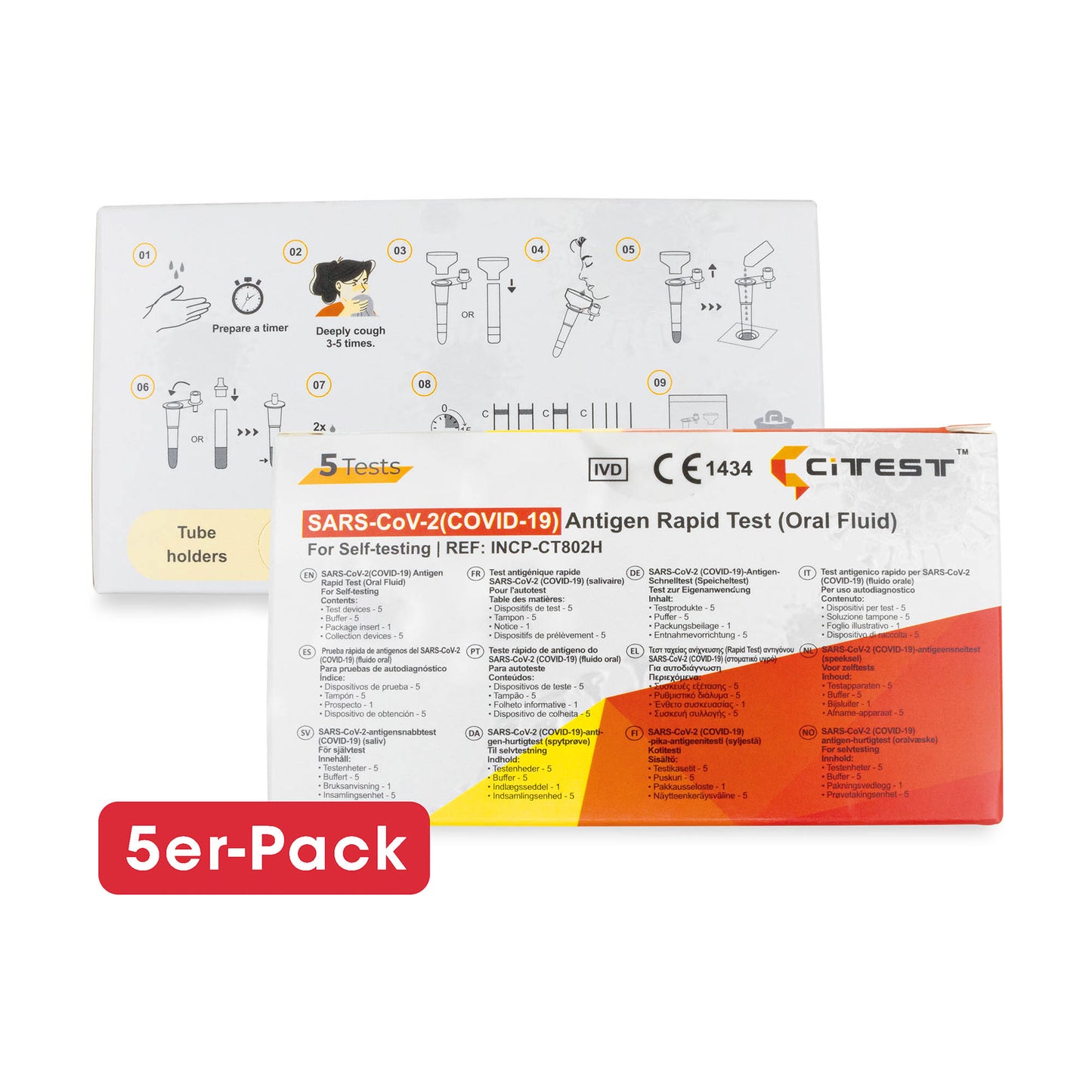 Citest Diagnostics Covid-19 Antigen Rapid Test Oral Fluid (AT172/22) für den Heimgebrauch (Spucktest / Speicheltest) im 5er Pack. Frei Haus ab 50 €.