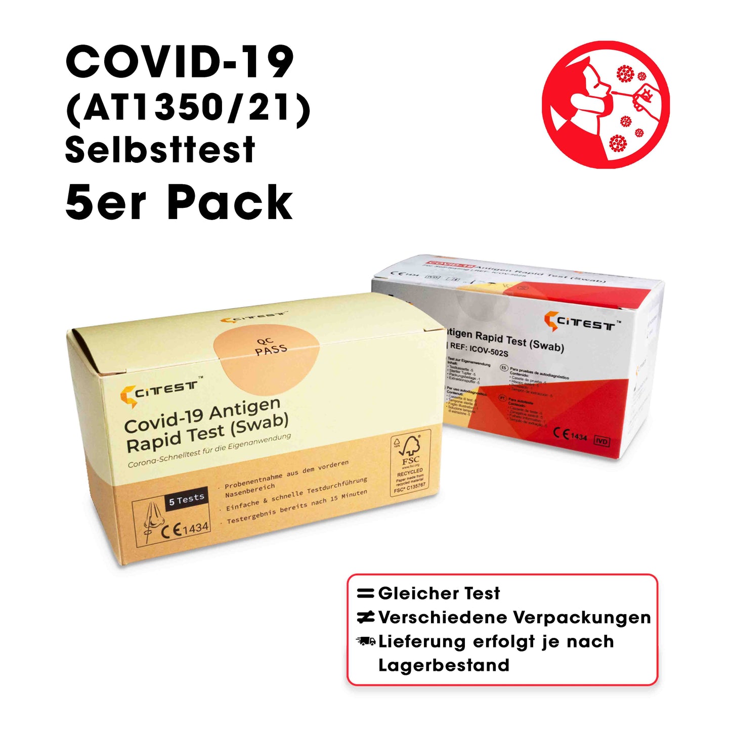 Citest Diagnostics Covid-19 Antigen Rapid Test Swab (AT1350/21) für den Heimgebrauch (Nasenabstrich) im 5er Pack. Frei Haus ab 50 €. MHD: 11/25.