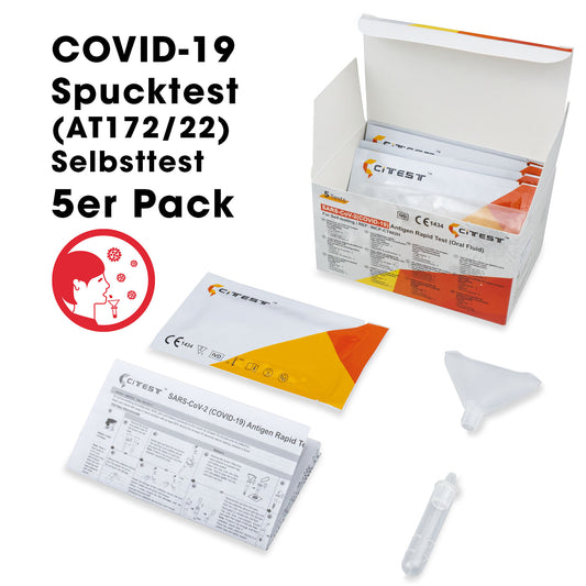 Citest Diagnostics Covid-19 Antigen Rapid Test Oral Fluid (AT172/22) für den Heimgebrauch (Spucktest / Speicheltest) im 5er Pack. Frei Haus ab 50 €.